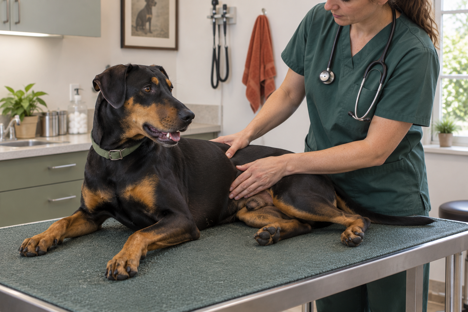 Veterinářka šetrně vyšetřuje břicho německého pinče s průjmem